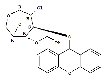 .beta.-D-Glucopyranose, 1,6-anhydro-2-chloro-2-deoxy-4-O-(phenylmethyl)-3-O-9H-xanthen-9-yl- molecular structure