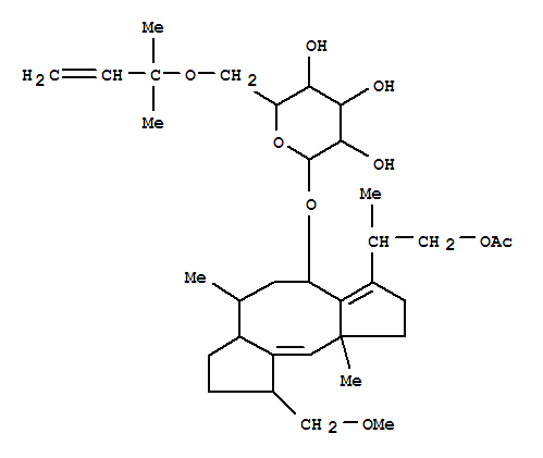 3-(2-(Acetyloxy)-1-methylethyl)-1,2,4,5,6,6a,7,8,9,10a-decahydro-9-(methoxymethyl)-6,10a-dimethyldicyclopenta(a,d)cycloocten-4-yl 6-O-(1,1-dimethyl-2-propenyl)-alpha-D-Glucopyranoside molecular structure