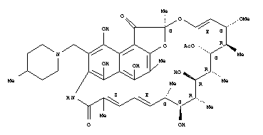 (14E,24E)-5,6,9,17,19-pentahydroxy-23-methoxy-2,4,12,16,18,20,22-heptamethyl-8-[(4-methylpiperidin-1-yl)methyl]-1,11-dioxo-1,2-dihydro-2,7-(epoxypentadeca[1,11,13]trienoimino)naphtho[2,1-b]furan-21-yl acetate molecular structure