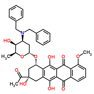 (1S,3S)-3-acetyl-3,5,12-trihydroxy-10-methoxy-6,11-dioxo-1,2,3,4,6,11-hexahydrotetracen-1-yl 2,3,6-trideoxy-3-(dibenzylamino)-alpha-L-lyxo-hexopyranoside molecular structure