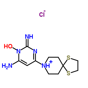 8-[(2E)-6-amino-1-hydroxy-2-imino-1,2-dihydropyrimidin-4-yl]-1,4-dithia-8-azoniaspiro[4.5]decane chloride molecular structure